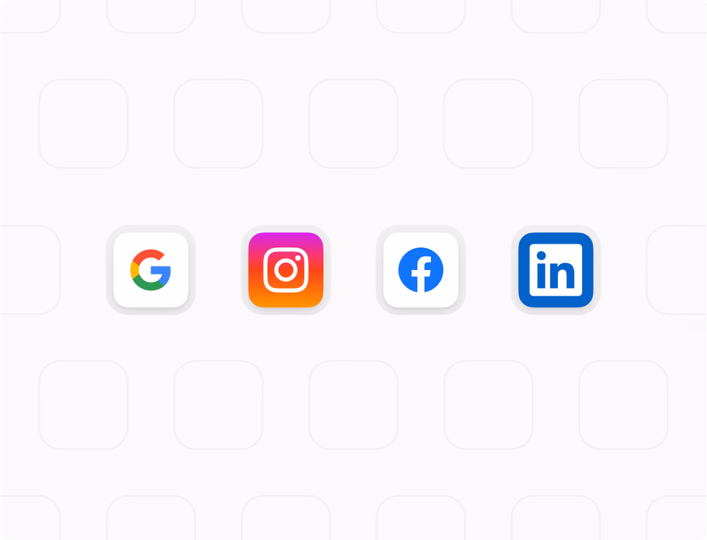 A dashboard showing unified ad campaign management with performance metrics across Facebook, Instagram, LinkedIn, and Google.