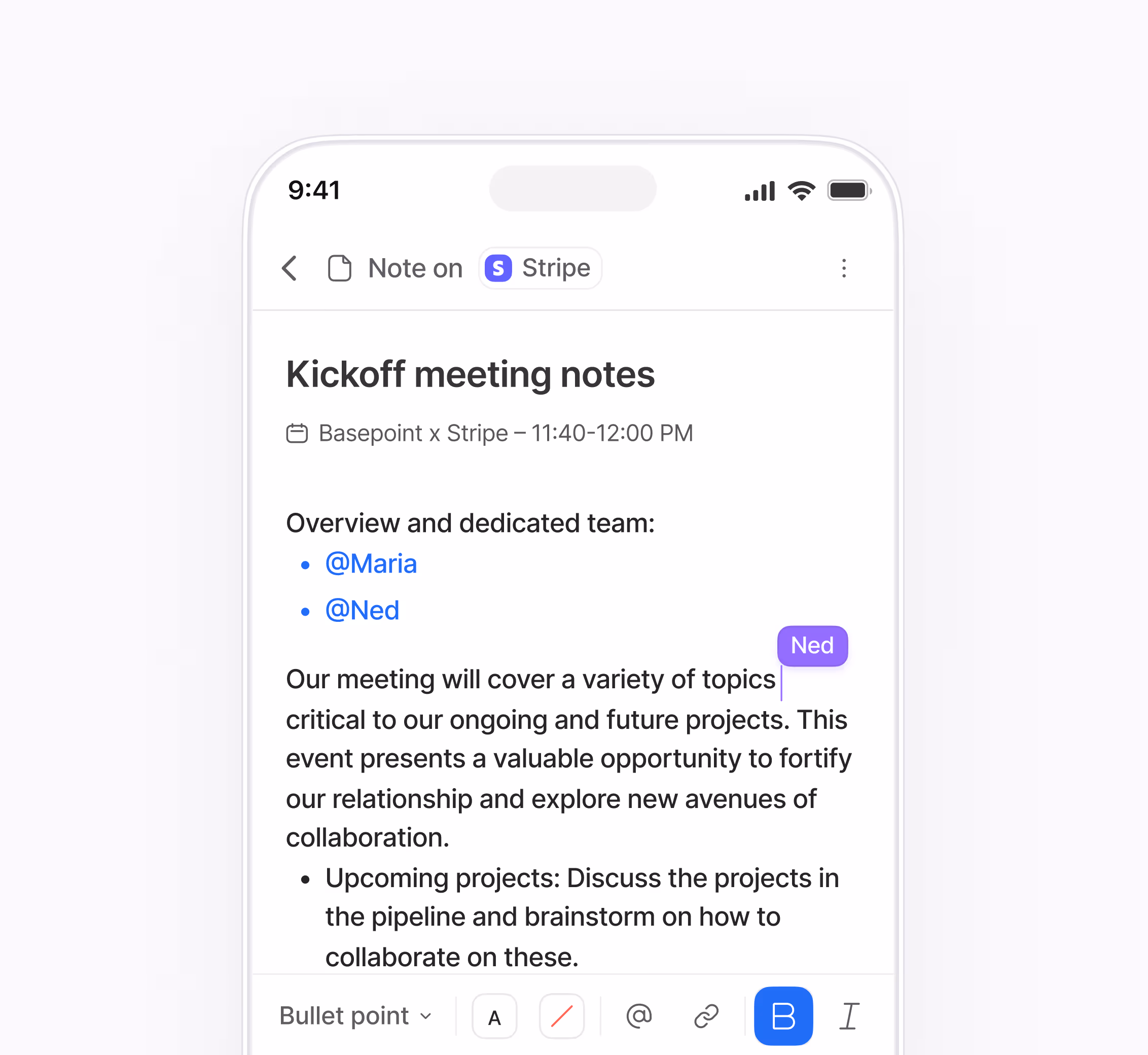 A CRM contact record with an activity timeline showing auto-logged meeting summaries, tagged keywords, and attached notes.