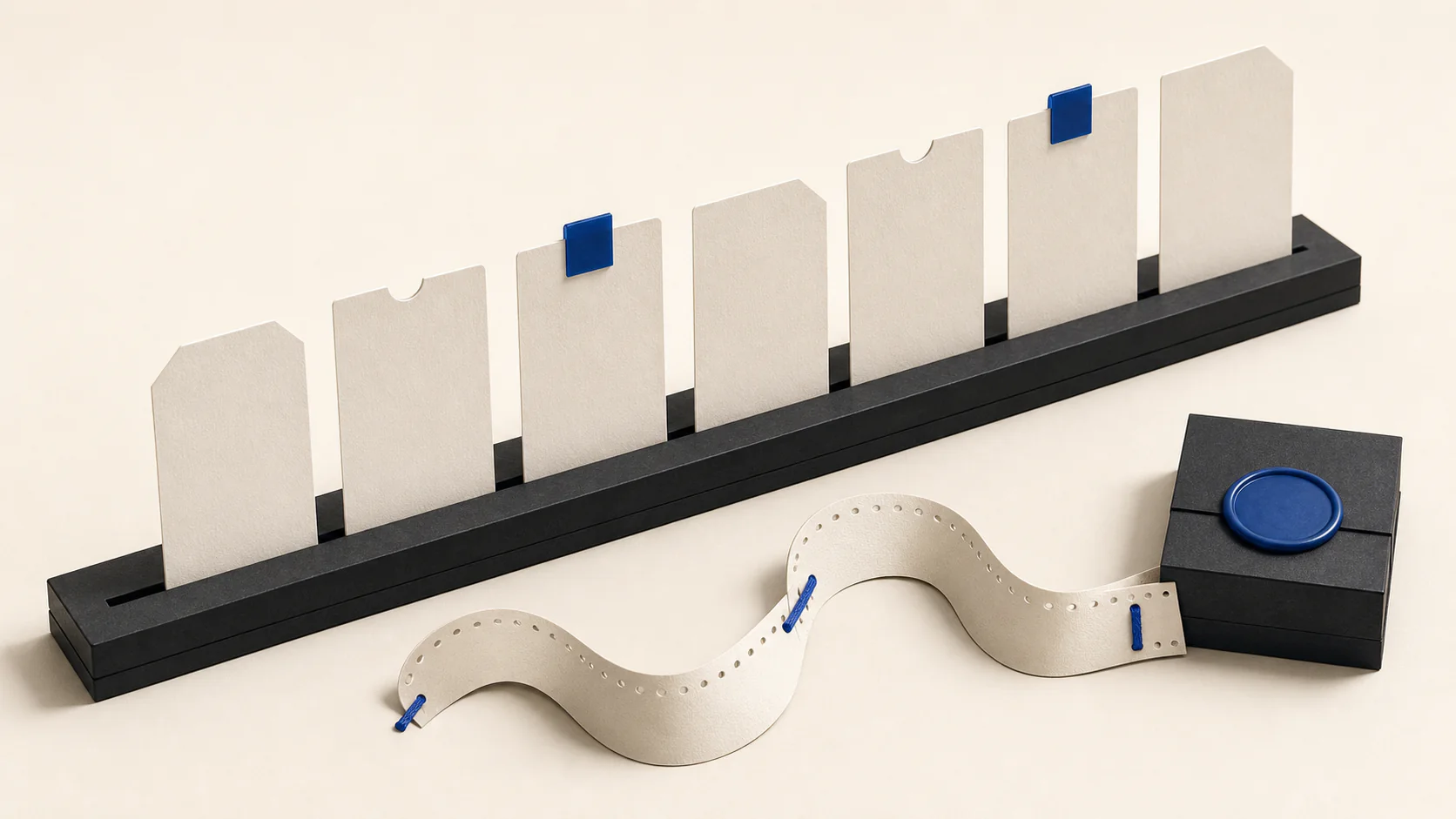 Editorial still life of ordered customer records with provenance and change-control markers
